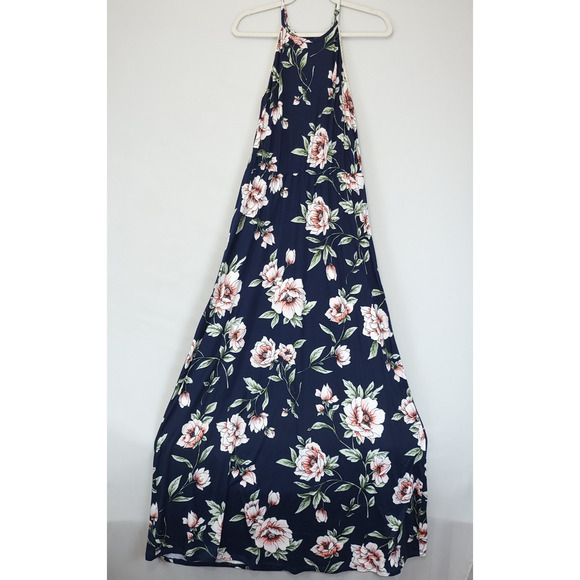 French Grey Halter Waist Defined Maxi Dress Women M Floral Blue Soft Comfy - Picture 1 of 10